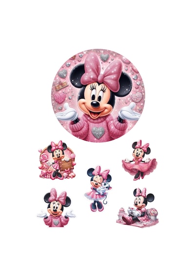 Yenilebilir Yuvarlak Pasta Ve Figür Resim Baskısı Şekerli Kağıt Mini Mouse Temalı 12