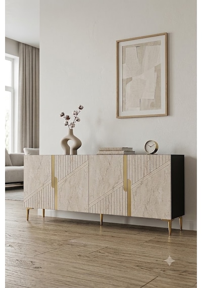 Ka1528atg Evva Konsol Ve Tv Sehpası Antrasit-traverten-gold 150cm