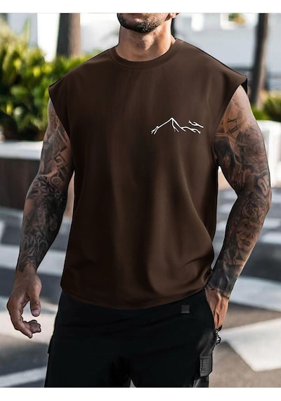 Dağ Silüet Baskılı Oversize Unisex Kolsuz Tişört Kahve