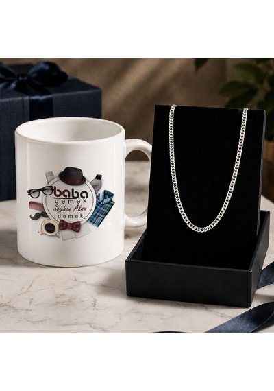Bk Gift Kişiye Özel Babalar Günü Tasarımlı Beyaz Kupa & Gurmet Zincir Kolye -14, Babalar Günü Hediyesi Gümüş