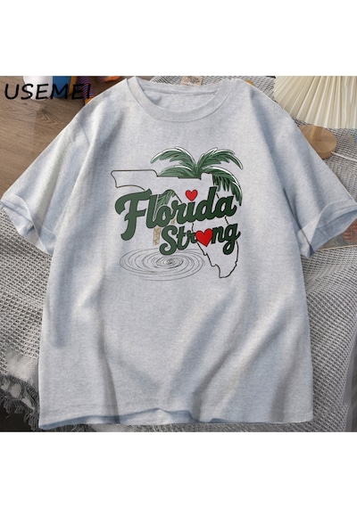 Flood Of Style Florida Strong Graphic T Shirts Cotton Casual Short Sleeve Tshirts Male Printed Graphic Tees Gri