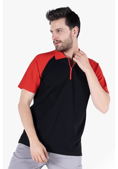 Polo Yaka Fermuarlı T-shirt Siyah - Kırmızı