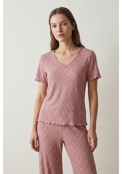 Elemge Kadın Bambu Pamuk Pijama Takımı Gül Kurusu Fitilli Regular Fit Alt & Üst İnce Kısa Kol Lastkli Esnek