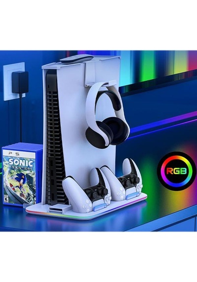Playstation 5 Standart Fat Kasa Fanlı - Rgbli - Oyun Raflı - Şarjlı Stand - Beyaz