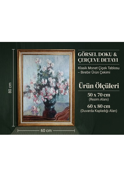 Vintage Gold Çerçeveli Dekoratif Tablo - Monet Kasımpatı Çiçekleri - 60x80 Cm