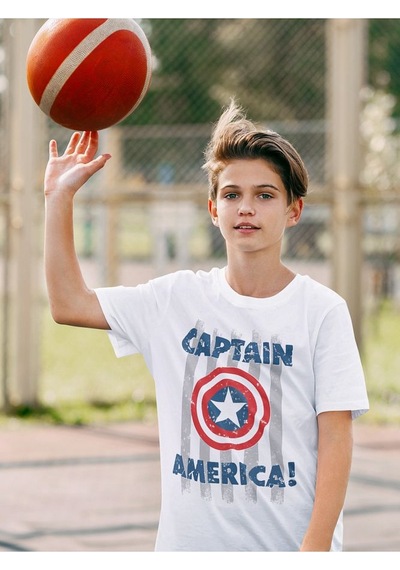 Sevbano Kaptan Amerika Baskılı Unisex Avengers Film Çocuk Tişört 1-12 Ya Beyaz