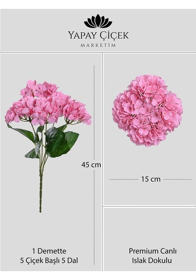 Pembe Yapay Ortanca Çiçeği 5 Dallı Premium Canlı Islak Dokulu 42 Cm