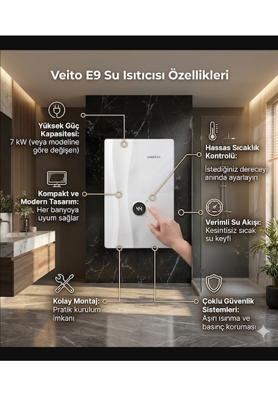 Veito Speed E9 Dokunmatik Dijital Ekranlı Ani Su Isıtıcısı Şofben - 9 Kw Güçlü Isıtma, Ip25 Su Geçirmezlik Tasarımlı Şofben Elektirikli Şofben Montaj Dahil Değildir.