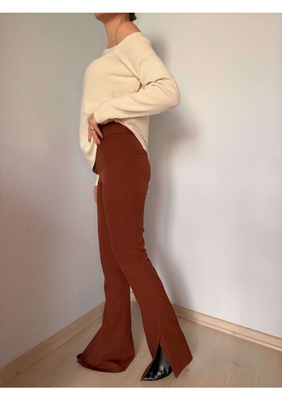 Kahverengi Yırtmaçlı İspanyol Paça Pantolon Kahve