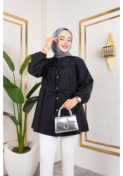 Harman Butik Kadın Düğmeli Bağlamalı Siyah Gömlek Siyah Siyah