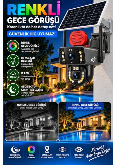 Pro 10mp 4g Solar Güvenlik Kamerası Sim Kartlı Ptz Renkli Gece Görüş Ip66 1 Yıl 60gb İnternet Hediye