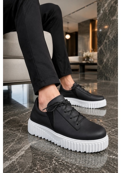 Mevese Dlob Erkek Bağcıklı Cilt Günlük Casual Spor Sneaker Ayakkabı - Siyah Beyaz