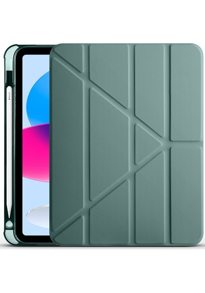 İpad 10.9 2022 10.nesil A2696-a2757-a2777-a3162 Uyumlu Kalem Bölmeli Dönebilen Üçgen Standlı Tri Folding Tablet Kılıfı - Koyu Yeşil - T25971