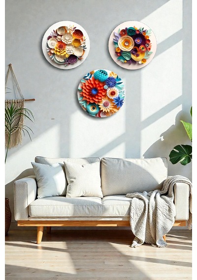 3 Parça Kabartmalı Modern Çiçek Mdf Tablo Seti, Oturma Odası, Salon, Ofis, Ev Duvar Tablosu Dekoru