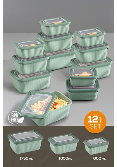 Vienev 12'li Vip Dikdörtgen Mikrodalga Ve Difrize Uygun Saklama Kabı Seti Yeşil 4x 1750,1050,600 Ml Yeşil