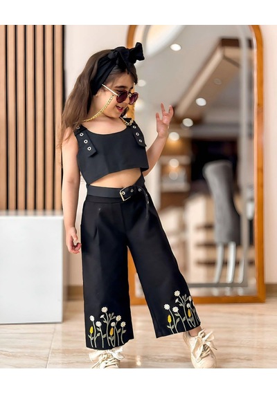 Kız Çocuk Nakış Detaylı Crop Top Ve Geniş Paça Pantolon Takımı Siyah