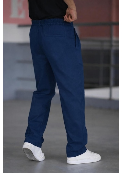 Bürke Çift Pileli Lacivert Beli Yarım Lastikli Kaliteli Keten Görünümlü Baggy Pantolon Bürke Çift Pileli Lacivert Beli Yarım Lastikli Kaliteli Keten Görünümlü Baggy Pantolon