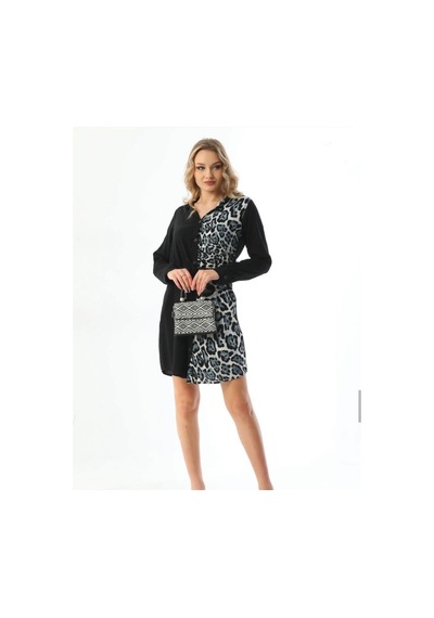 Polologin Butik Leopar Detaylı Siyah Viskon Tunik Siyah