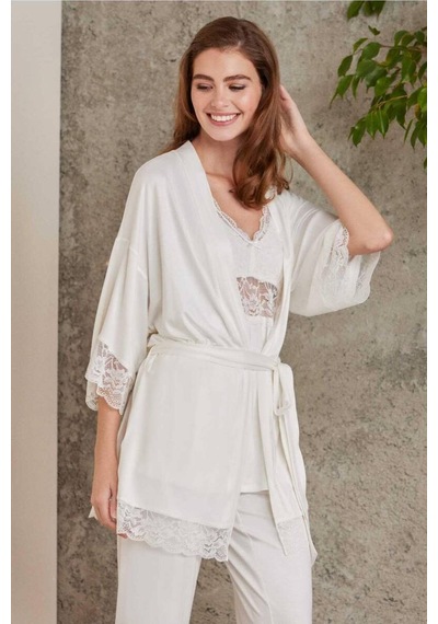 Pierre Cardin Dantelli Sabahlıklı Penye Pijama Takımı Ekru 001