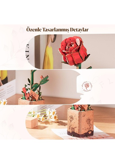 Rowood Tw042 Kırmızı Gül Red Rose Dıy Minyatür Maket Model Set Ahşap 3d Wooden Puzzle 3d Model Kit Ahşap Maket Dekoratif Hobi Seti
