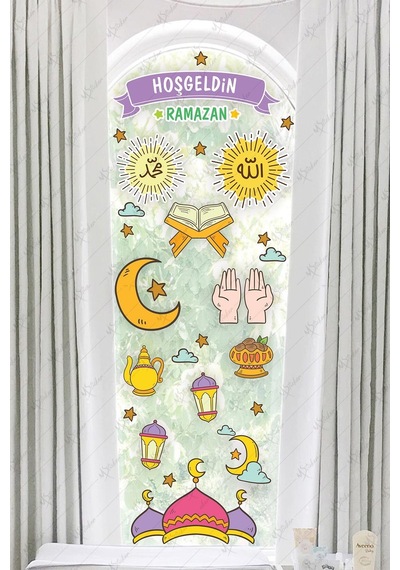 MSticker Hoşgeldin Ramazan Dua Cami Ay Fener Figürleri Cam Duvar Dekorasyon Sticker Seti