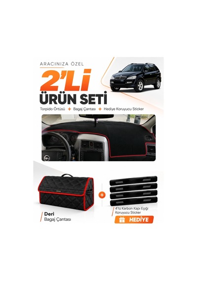 E-biz Ssangyong Kyron 2005-2012 Uyumlu Torpido Örtüsü + Deri Bagaj Çantası - Siyah-kırmızı - Ss001