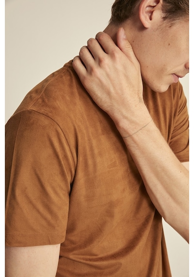 Grimelange ENZO Kahverengi Suet Erkek Basic Slim Fit T-shirt