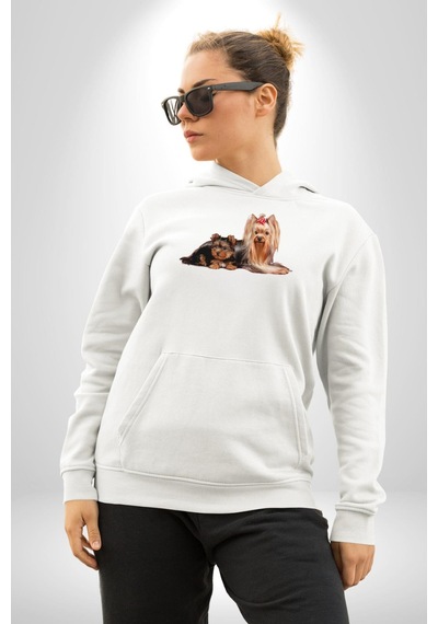Yorkshire Teacup Ve Anne Köpek Kadın Erkek Beyaz Kapüşonlu Sweatshirt Hoodie Beyaz