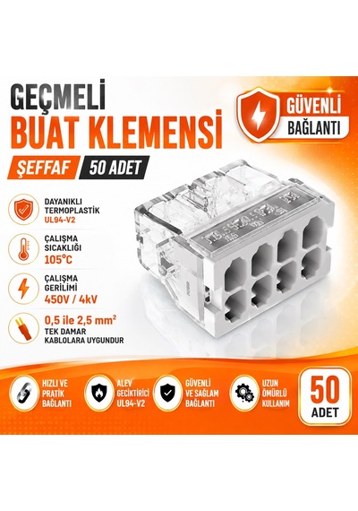 Geçmeli Buat Klemensi Şeffaf Gri-8 Kutup 50 Adet