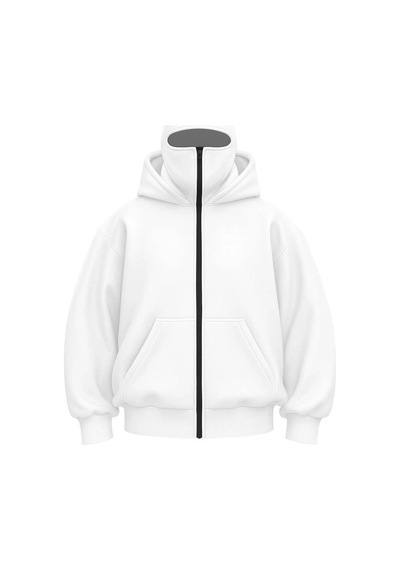 Efnaz Style Samuray Ninja Çift Kapşonlu Zıp Fermuarlı Kanguru Çepli Hoodie Maske Detaylı Swetshirt - Beyaz