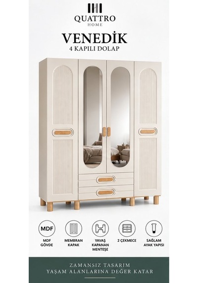 Venedik 4 Kapaklı Dolap Krem