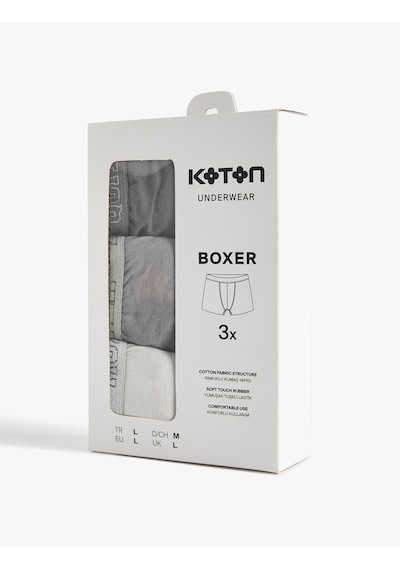 Koton Baskılı Bel Detaylı Pamuklu 3'lü Boxer Seti Gri 6slm90007mk Gri