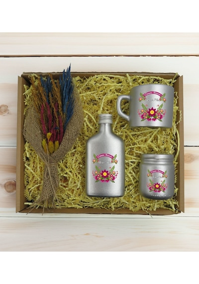 Bk Gift Kişiye Özel İsimli Dtf Anne Temalı Gümüş Kahve Fincanı & Kolonya & Mum & El Yapımı Kuru Çiçek Buketi Hediye Seti-6, Anneye Hediye, Anneler Gün