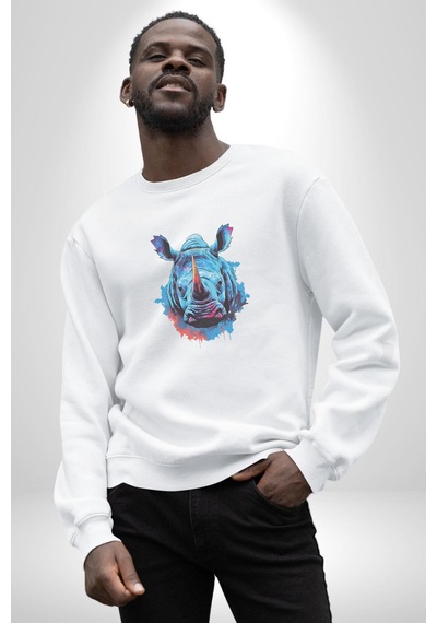 Su Aygırı Hipopotamo Renkli Unisex Beyaz Baskılı Sweatshirt Beyaz