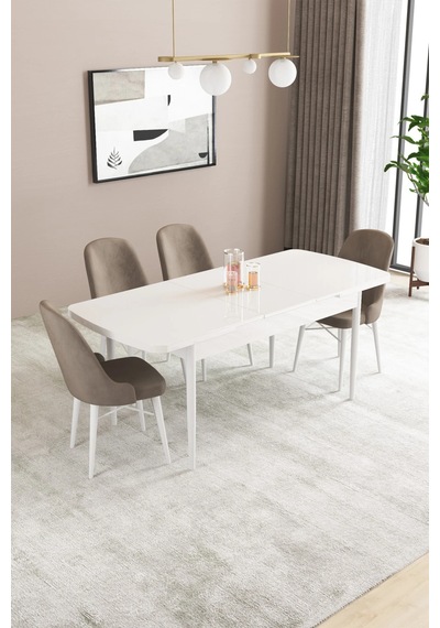 Familieconcept Almira Serisi, Beyaz 80x132 Açılabilir Mdf Mutfak Masası Takımı 4 Adet Sandalye Cappuccino