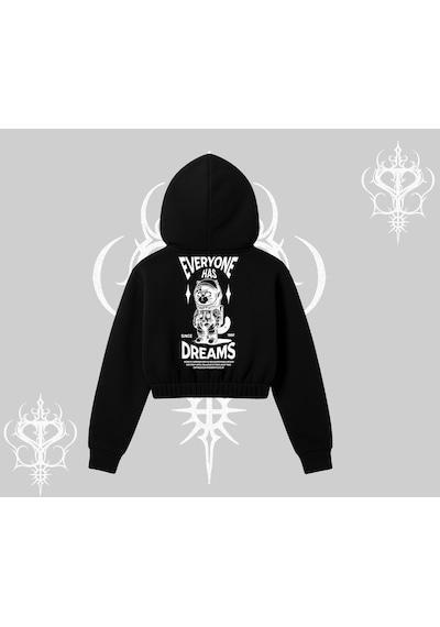 Startmore Everyone Has Dreams Yazılı Astronot Kedi Arka Baskılı Kapşonlu Crop Sweatshirt Siyah