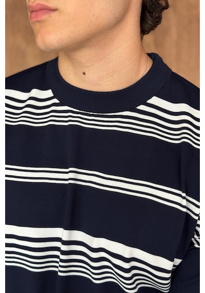 Erkek Bisiklet Yaka Oversize Çizgili Triko T-shirt Lacivert