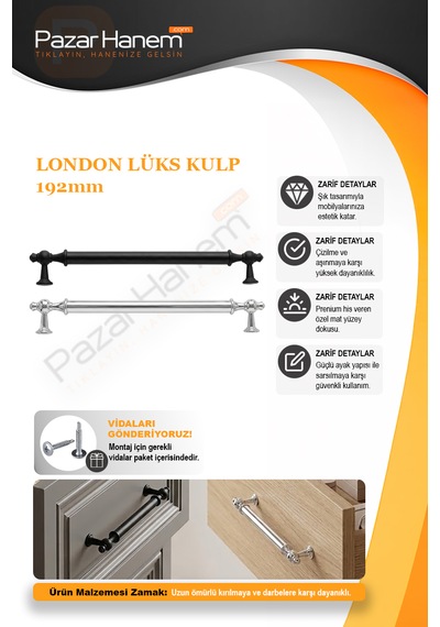 London Model 192mm Krom 2 Adet - Vidaları Dahil - Mutfak Dolap & Çekmece Kulpu Gümüş - Krom