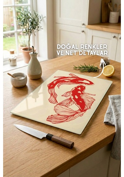 Koi Balık Desenli Cam Kesim Tahtası - 25x35cm -dayanıklı Ve Pratik Kesim Matı Kırmızı