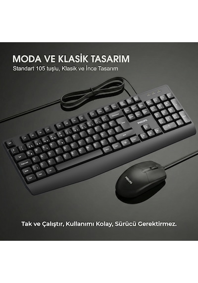 Philips SPT6237 Kablolu Türkçe Q Klavye ve Mouse Seti Siyah