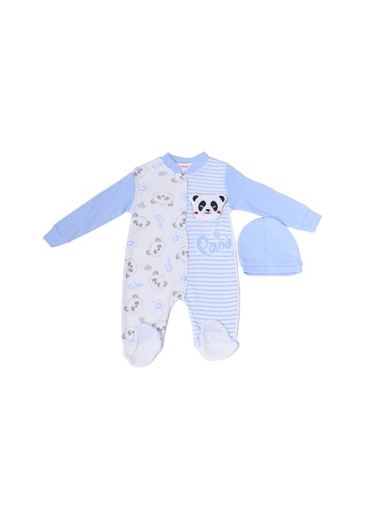 Hçm Erkek Bebek Tulum Şapkalı Panda Baskılı Çıtçıtlı D6 mavi