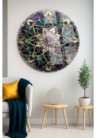 Altın Mandala Çiçek Desenli Yuvarlak Cam Tablo Modern Duvar Dekoru Uv Baskılı Canlı Renkler Yatak Odası Ve Antre Yeni Ev Hediyesi