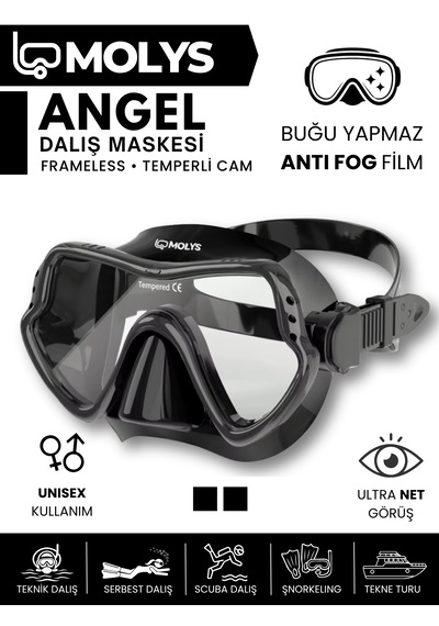 Molys Angel Dalış Maskesi + Antı Fog Buğu Önleyici Film + Pro Full Dry Tam Kuru Şnorkel + Maske Koruma Kutusu Set Halinde Siyah - Siyah