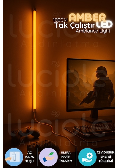 Mood Light Serisi 100 Cm Amber Led Bar Aç Kapa Anahtarlı Tak Çalıştır Dekoratif Işık