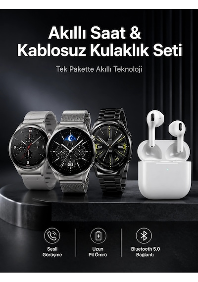 Mey İthalat Akıllı Saat Ve Kulaklık Seti Dokunmatik Ekran 5.0 Bluetooth Bağlantılı Sesli Görüşme