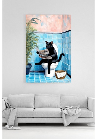 Modern Sanat Gazete Okuyan Kedi Tasarımlı Komik Banyo Duvar Kanvas Tablo Kanvas Çok Renkli