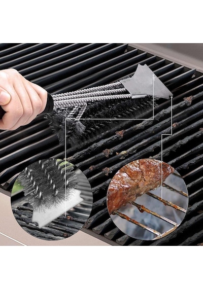 Buffer Mangal Izgara Temizleme Fırçası Paslanmaz Çelik Telli, Uzun Saplı Grill Temizlik Aparatı Mangal Temizlik Fırçası Siyah