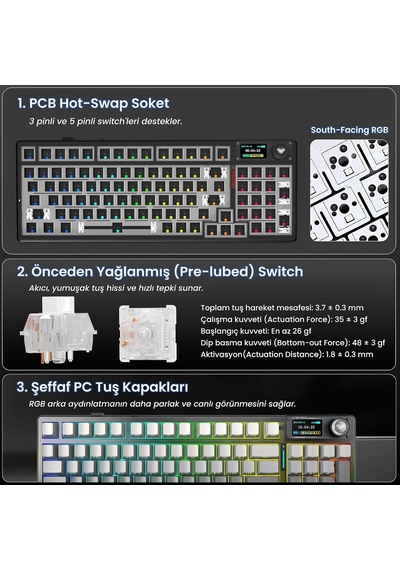 F98 Pro V3 Oled Ekranlı Crystal Switch Makrolu Kablosuz Rgb Hot-swap Gasket Pre-lubed Switch Mekanik Klavye Gradyan Gri
