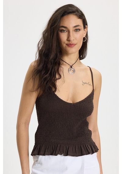 Tudors Kadın Slim Fit Dar Kesim %100 Pamuk Askılı Büzgülü V Yaka Kahverengi Bluz-50371