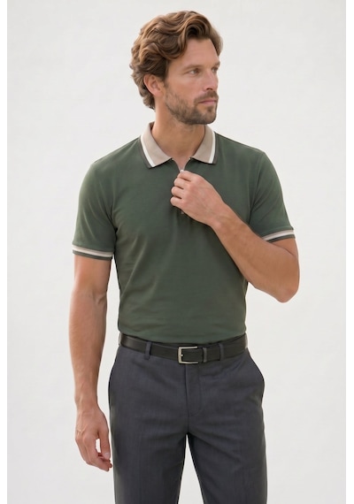 Tudors Erkek Slim Fit Dar Kesim %100 Pamuk Kısa Kollu Yarım Fermuarlı Yeşil Polo Yaka Tişört-50745